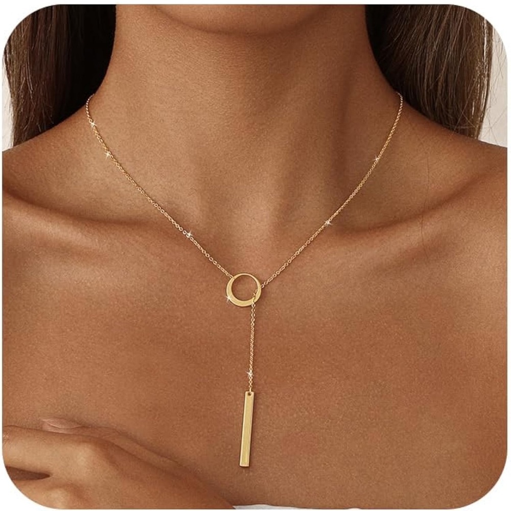 Elegant Gold Lariat Necklace with Circle and Bar Pendant